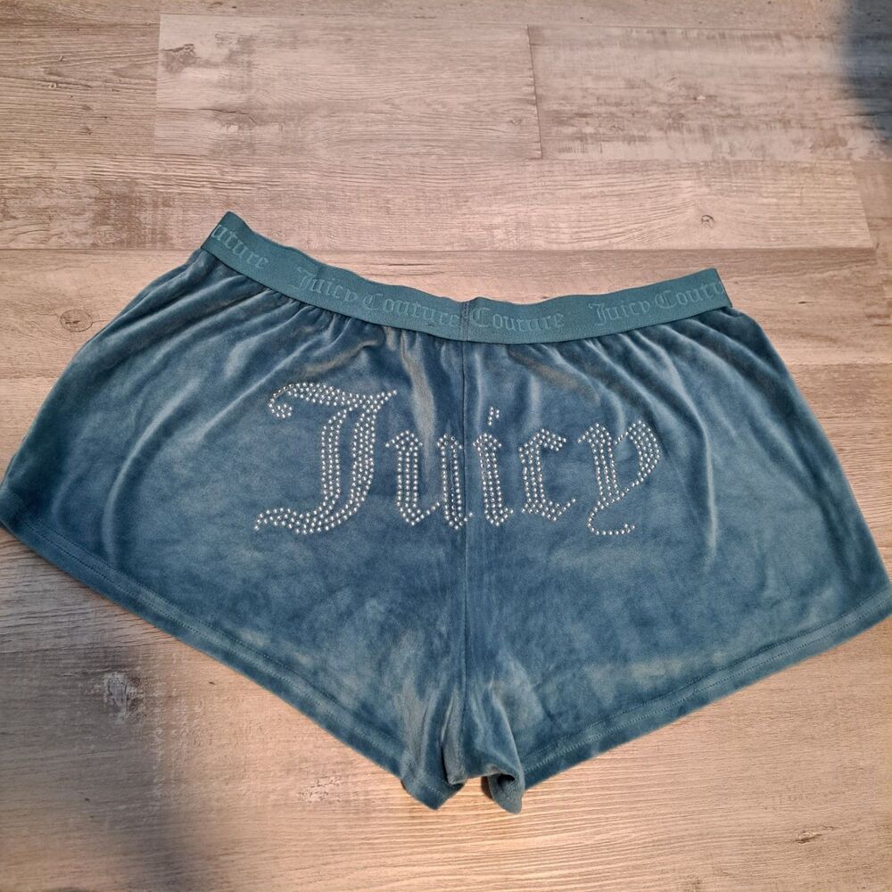 Juicy Couture Women's Blue Velour Sleep Shorts Bling Booty Rhinestone Logo Large